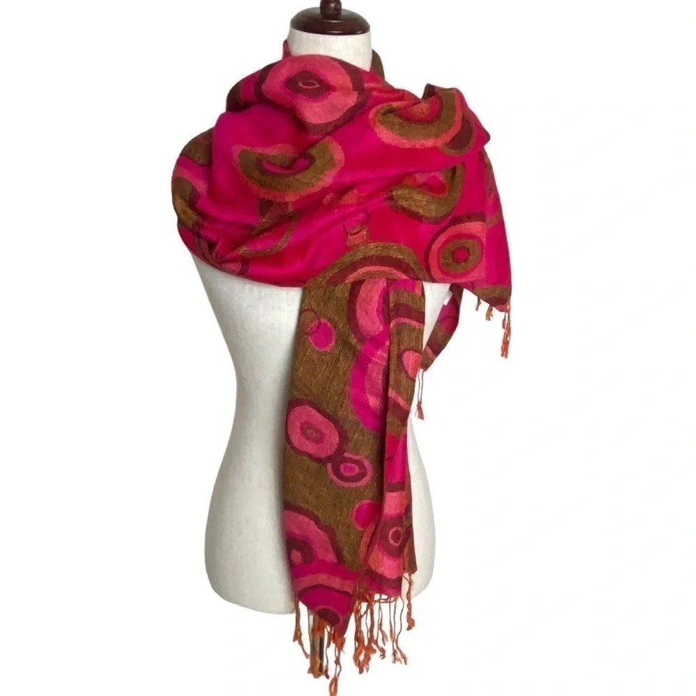 Pashmina silk Reversible Circle Dots‎ fringed pink brown Gold Scarf Approx 69x27